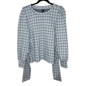 Ann Taylor White Purple Plaid Long Balloon Sleeve Blouse Back Tie Kidcore Twee S